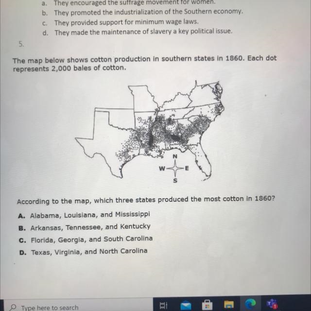 According to the map, which three states produced the most cotton in 1860? A. Alabama-example-1