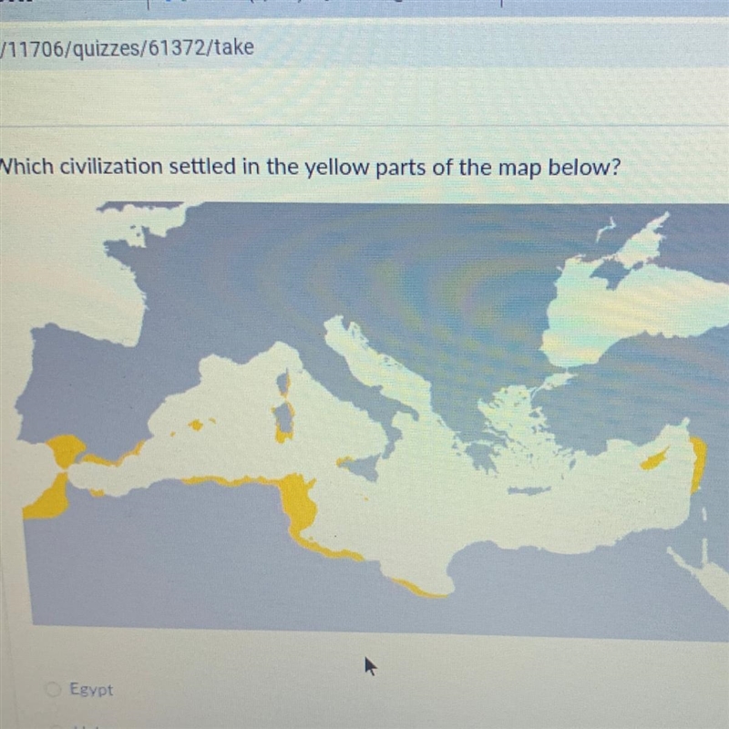 Which civilization settled in the yellow parts of the map below? Egypt Hebrews Phoenicia-example-1