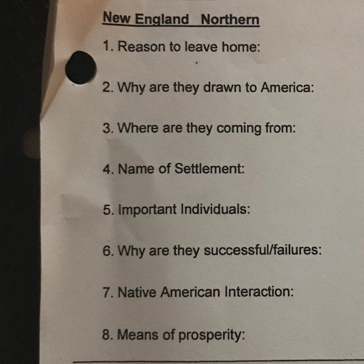 New England Northern 1. Reason to leave home: 2. Why are they drawn to America: 3. Where-example-1