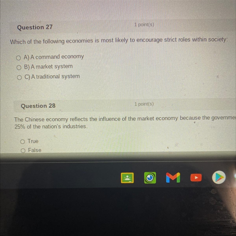 Which of the following economies is most likely to encourage strict roles within society-example-1