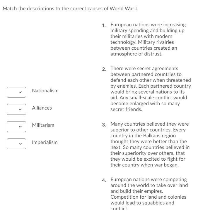 WORLD HISTORY. Match the descriptions to the correct causes of World War I.-example-1