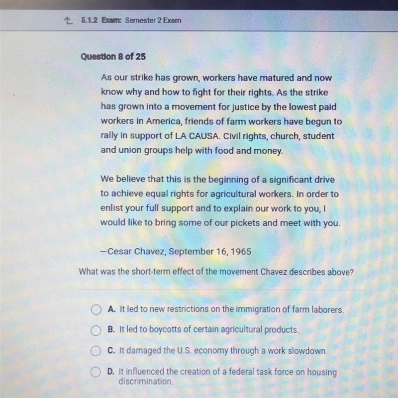 PLEASE HELP!!! ASAP A. It led to new restrictions on the immigration of farm laborers-example-1