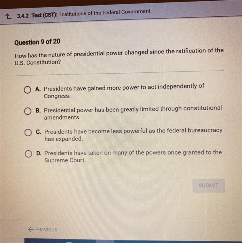 How was the nature of presidential power changed since the ratification of the U.S-example-1