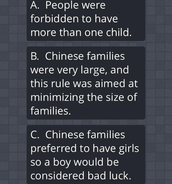 Which of the following is true about China's 1970's one- child rule ? Give EVIDENCE-example-1