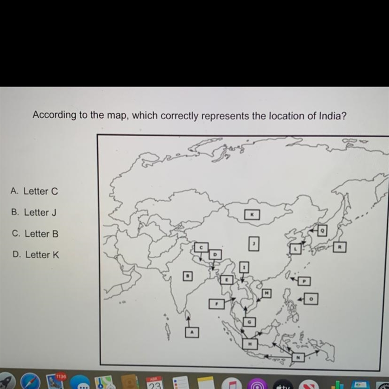 According to the map, which correctly represents the location of India?-example-1