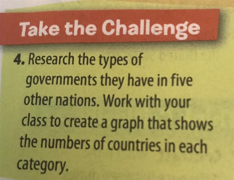 Research the types of government they have in five others nations. Work with your-example-1