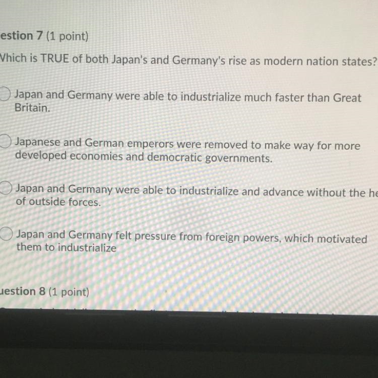 Which is TRUE of both Japan's and Germany's rise as modern nation states?-example-1