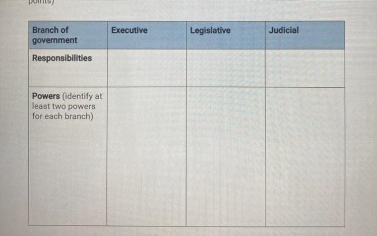 1. List the responsibilities and powers of each branch of the federal government.-example-1