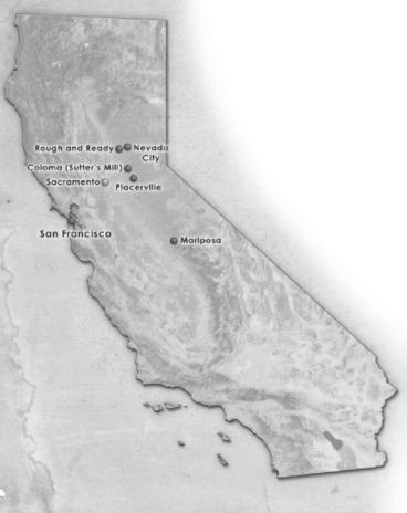 Question: Use the map to help answer this question. In which areas was gold was found-example-1