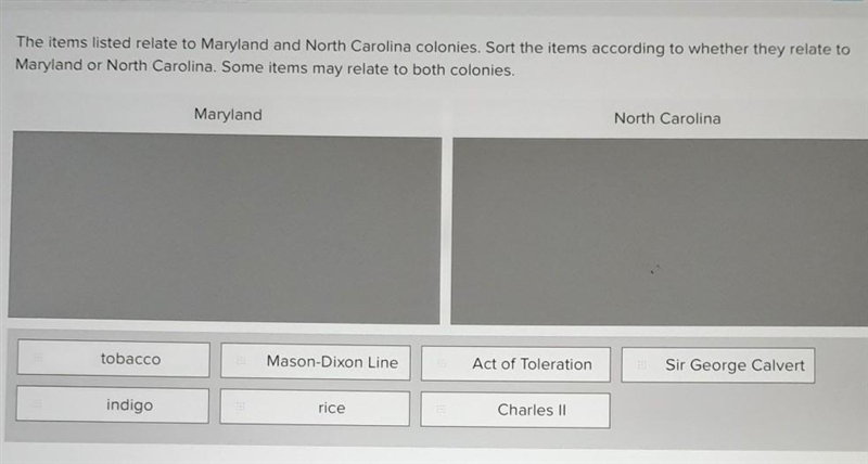 The items listed relate to Maryland and North Carolina colonies. Sort the items according-example-1