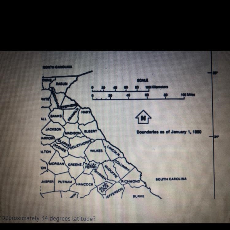 Which county is at approximately 34 degrees latitude? A) Burke B) Elbert C) Putnam-example-1