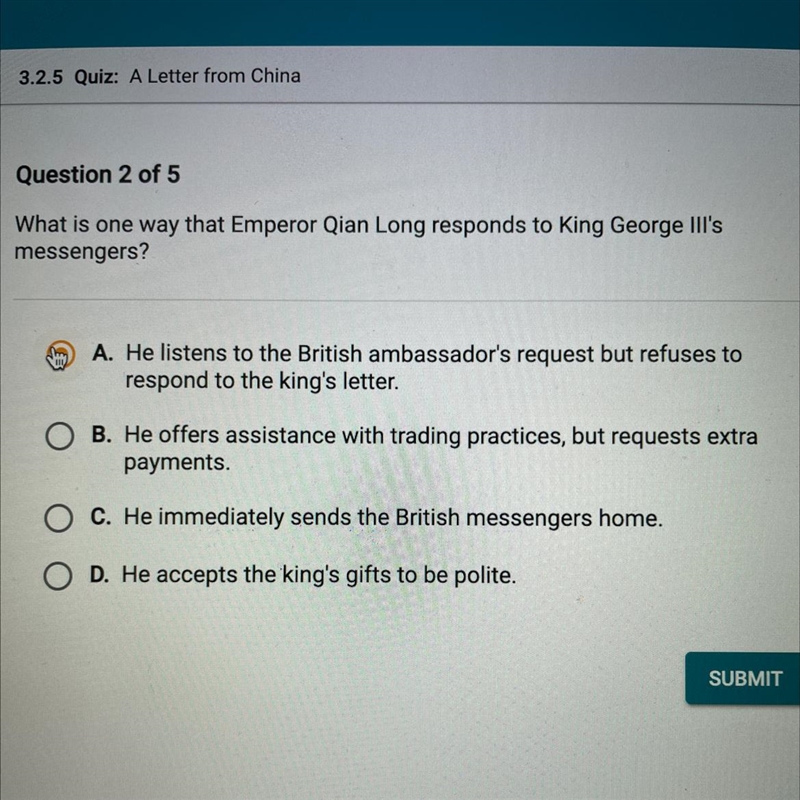 What is one way that Emperor Qian Long responds to King George III’s messengers?-example-1