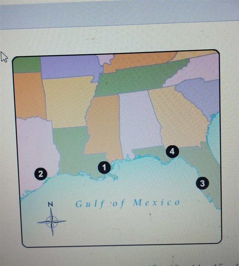 Пеу 1 IU N Which number accurately identifies the city of New Orleans? .1 .2 .3 .4 ​-example-1