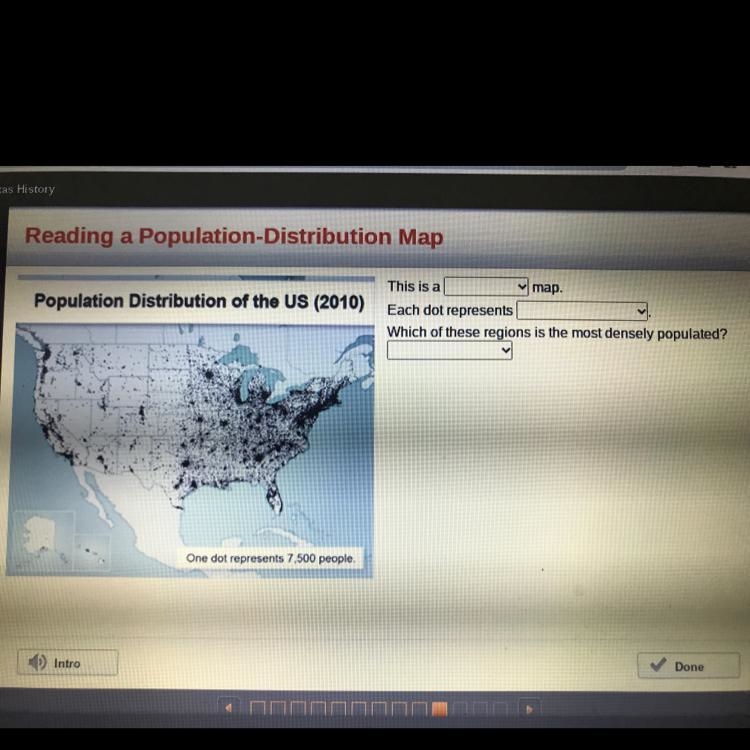 This is a map. Population Distribution of the US (2010) Each dot represents Which-example-1