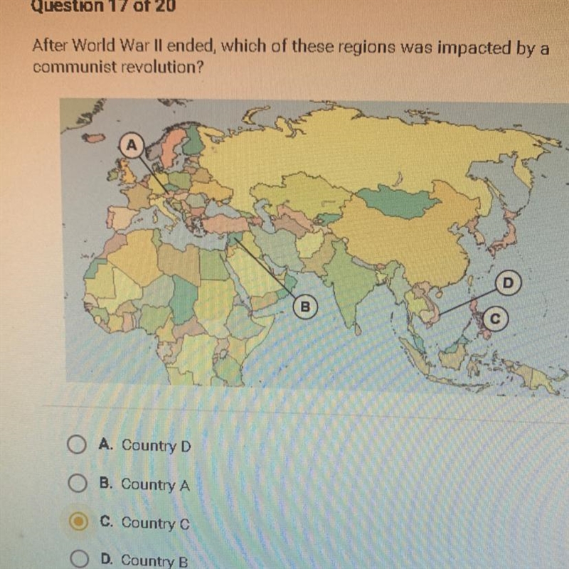 After World War II ended, which of these regions was impacted by a communist revolution-example-1