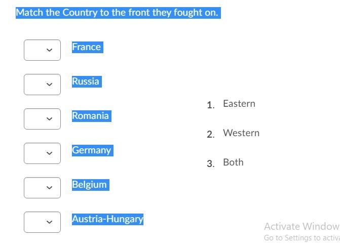 Match the Country to the front they fought on. Question 7 options: France Russia Romania-example-1