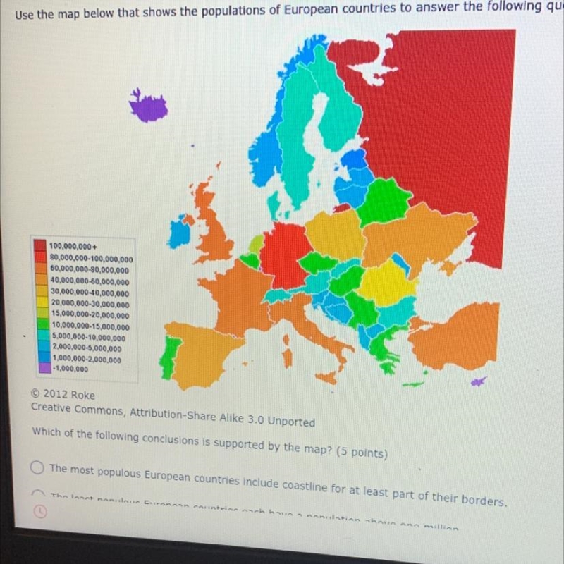 Which of the following conclusions is supported by the map? (5 points) The most populous-example-1