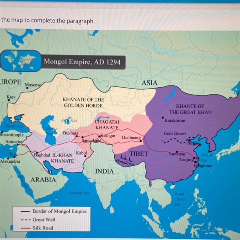 Use the map to complete the paragraph. By 1294, the Mongols had gained control over-example-1