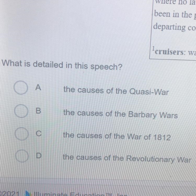 What is detailed in this speech? o A the causes of the Quasi-War B the causes of the-example-1