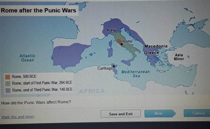 The map shows changes in roman territory resulting from the punic wars. how did the-example-1