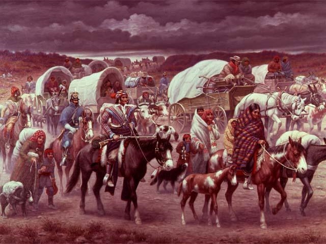 View the painting titled "The Trail of Tears" below. Robert Lindneux's 1942 painting-example-1