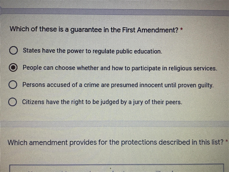 Which of these is a guarantee in the First Amendment?-example-1