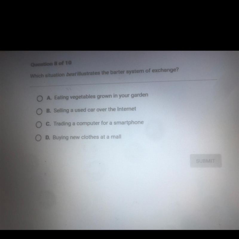 Which situation best illustrates the barter system of exchange?-example-1