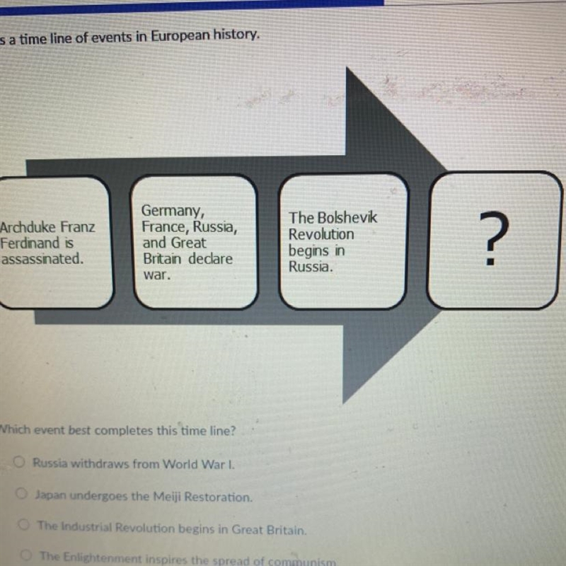 Which event best completed this time line? Russia Withdraws from WW1 Japan undergoes-example-1