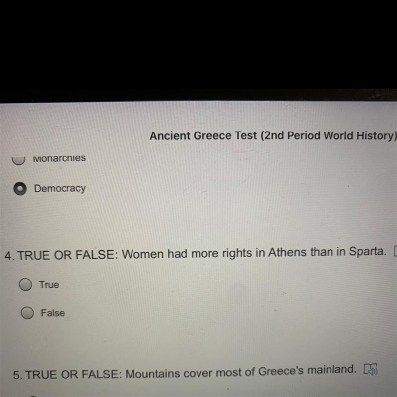 4. TRUE OR FALSE: Women had more rights in Athens than in Sparta. Mi True False-example-1