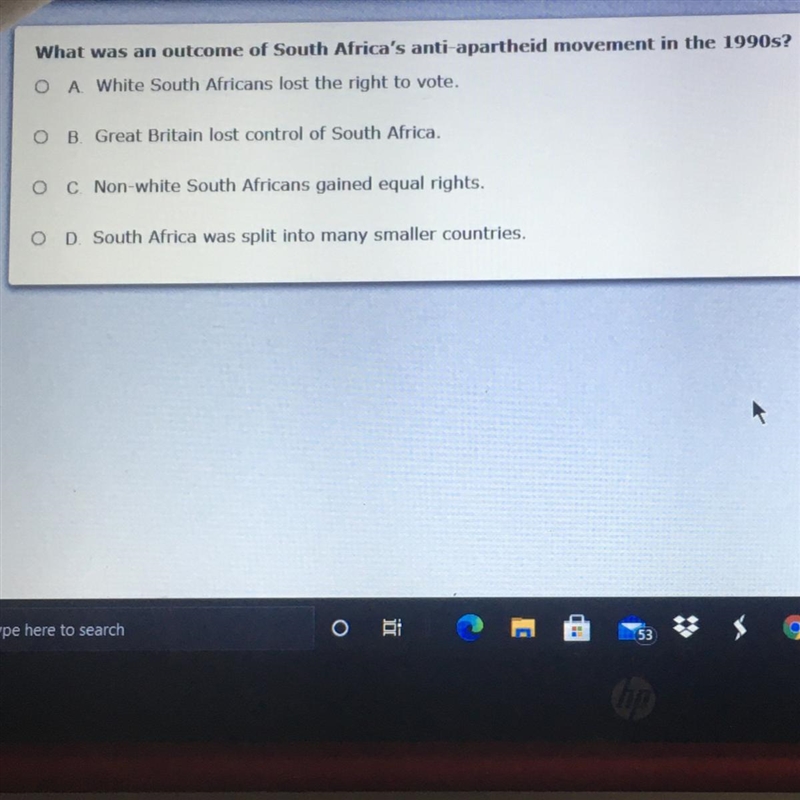 What was an outcome of South Africa's anti-apartheid movement in the 1990s? OA White-example-1