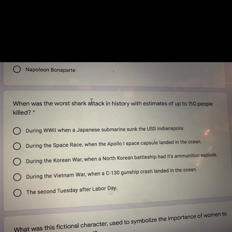 When was the worst shark attack in history with estimates of up to 150 people killed-example-1