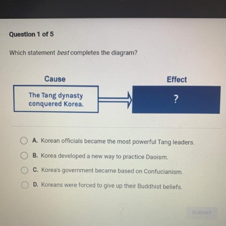 Which statement best completes the diagram? Cause Effect The Tang dynasty conquered-example-1