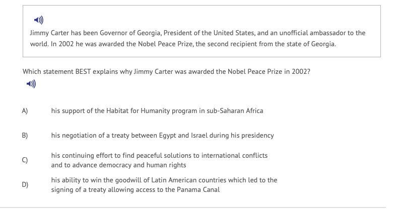 Which statement best explains why jimmy Carter was awarded the Nobel peace prize in-example-1