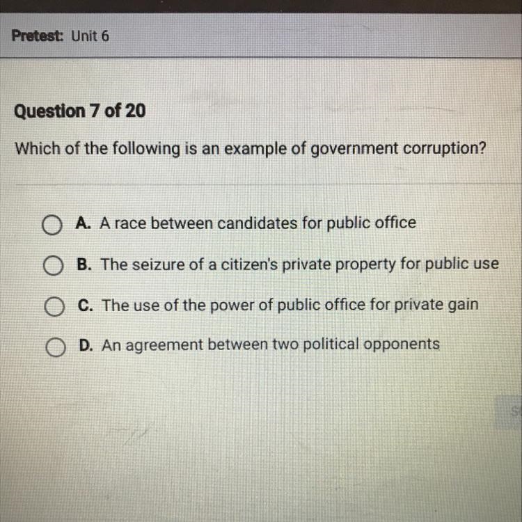 Which of the following is an example of government corruption?-example-1