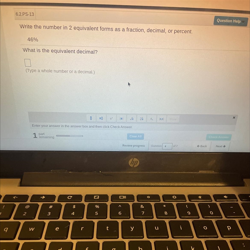 Write the number in 2 equivalent forms as a fraction, decimal, or percent 46% What-example-1