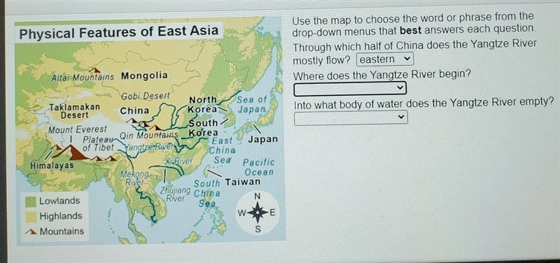 Physical Features of East Asia Use the map to choose the word or phrase from the drop-example-1