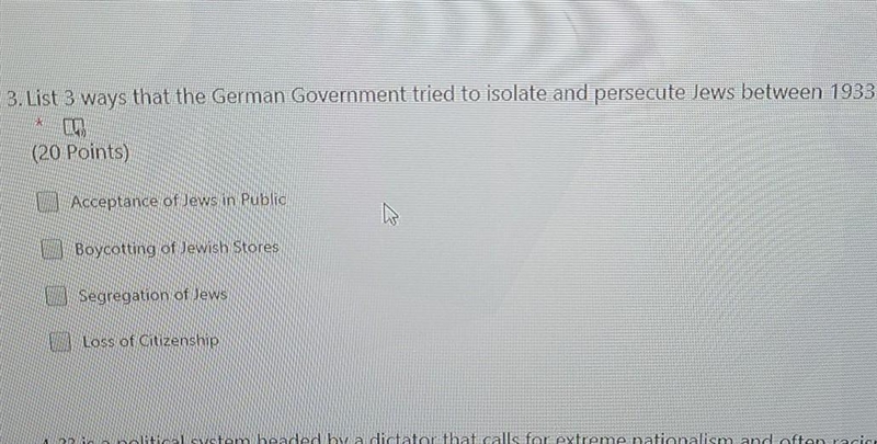 List 3 ways that the German government tried to isolate and persecute jews between-example-1