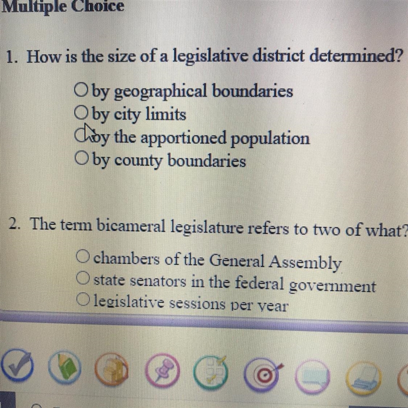 How is the size of a legislative district determined? O by geographical boundaries-example-1