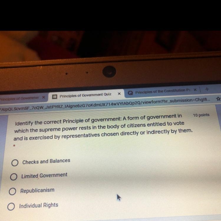 10 points Identify the correct Principle of government: A form of government in which-example-1