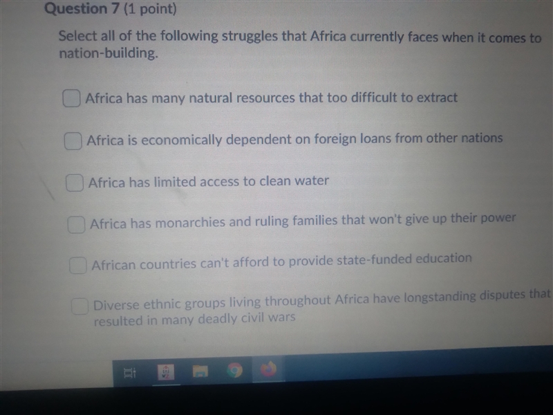 Select all of the following struggles that Africans currently face when it comes to-example-1