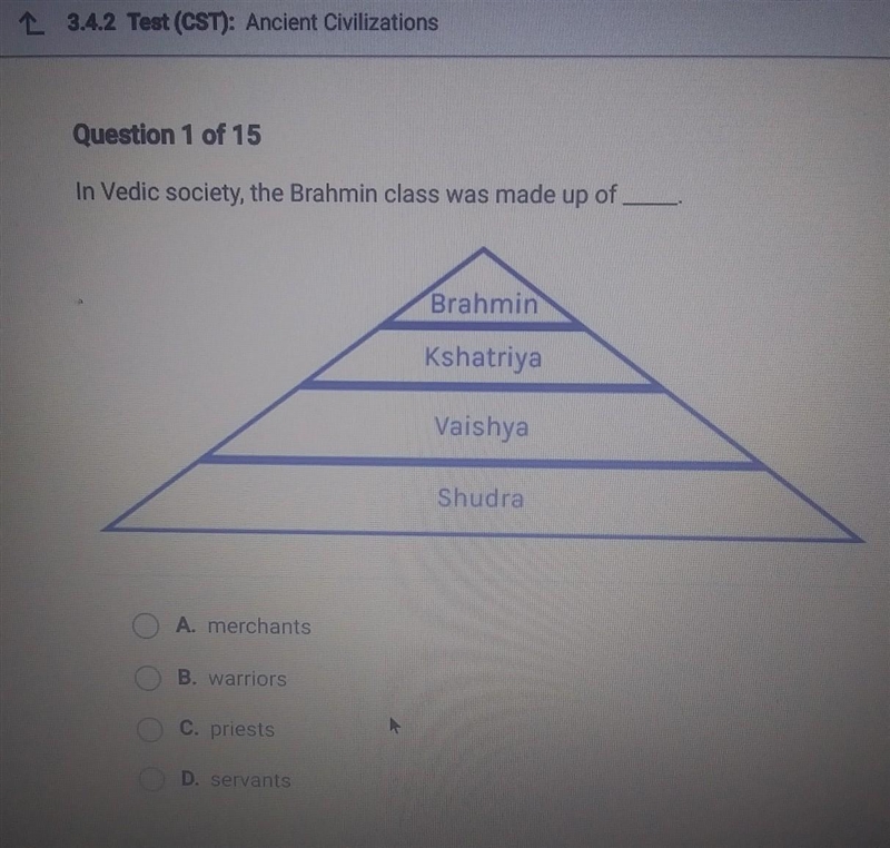 Question 1 of 15 In Vedic society, the Brahmin class was made up of A. merchants B-example-1