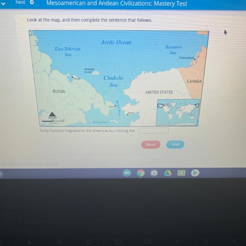 By looking at this map Early humans migrated to America by crossing?-example-1