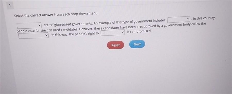 Select the correct form each drop down menu 1: republics theocracies democracies 2: iran-example-1