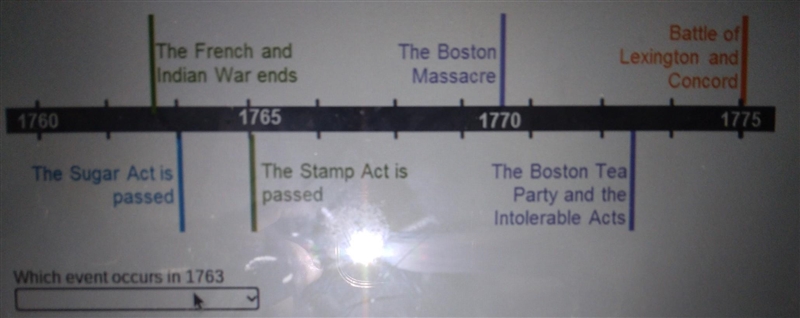 Which event occurs in 1763? x The Sugar Act is passed. The Boston Massacre occurs-example-1