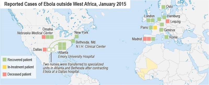 Refer to the map. A world map titled Reported Cases of Ebola outside West Africa, January-example-1