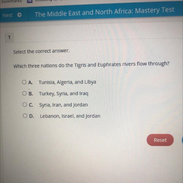 Select the correct answer. Which three nations do the Tigris and Euphrates rivers-example-1