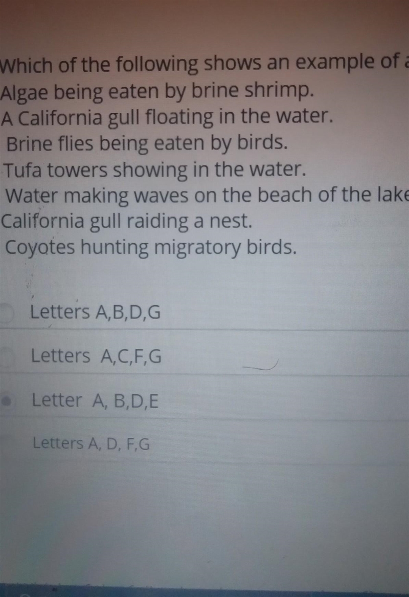 Which of the following shows an example of a biotic interaction on mono lake?​-example-1