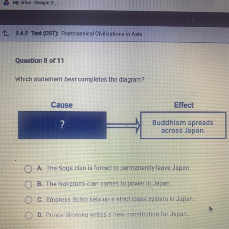 Question 8 of 11 Which statement best completes the diagram? Cause Effect ? Buddhism-example-1