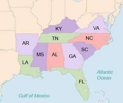 Examine the map of the southeastern United States. Which of these states borders North-example-1