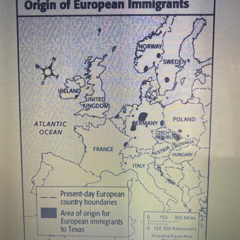 From how many areas of German did immigrants come to Texas-example-1